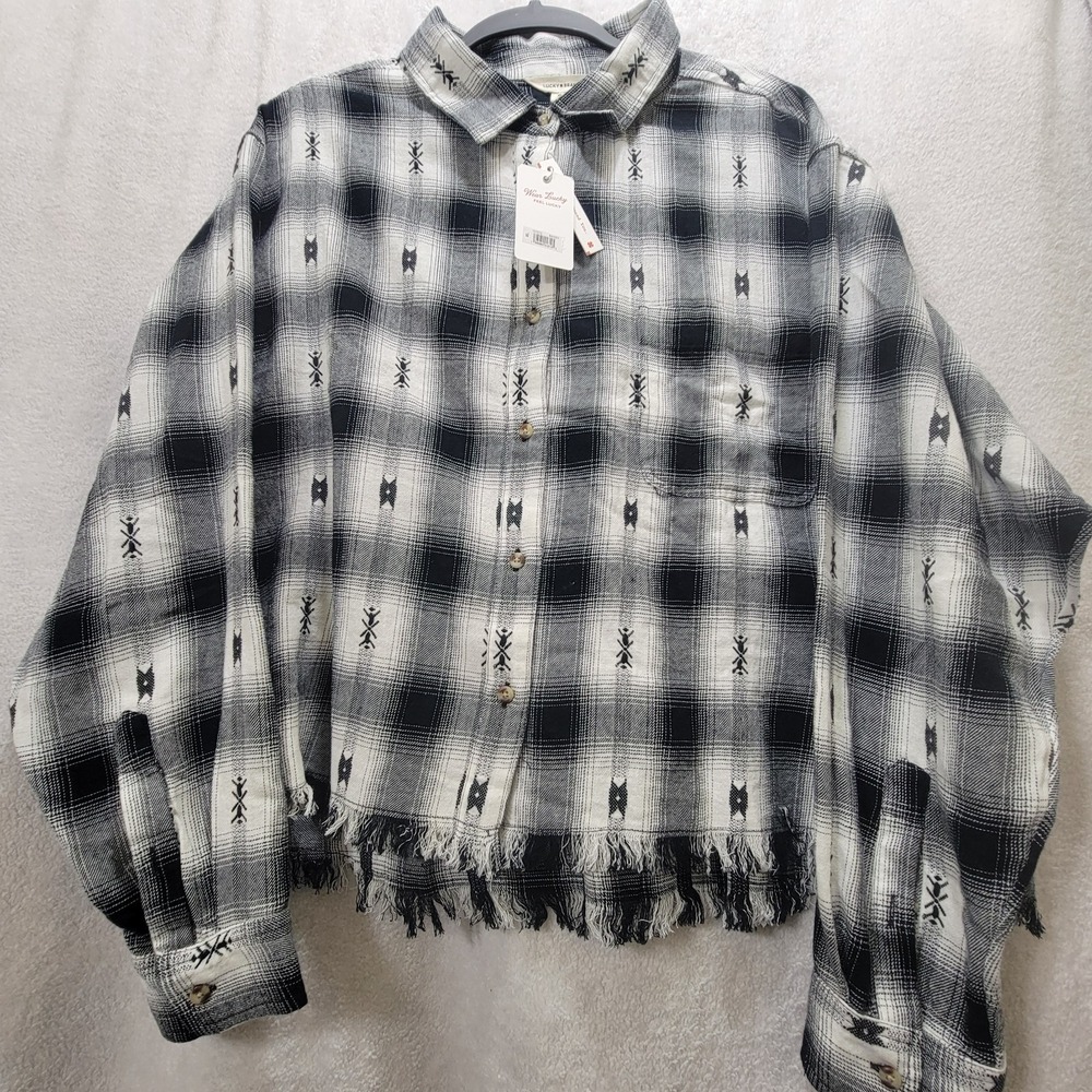 NWT $79 Lucky Brand Raw Edge Plaid Cropped Western Button-Down Cotton Flannel XL - Picture 4 of 11